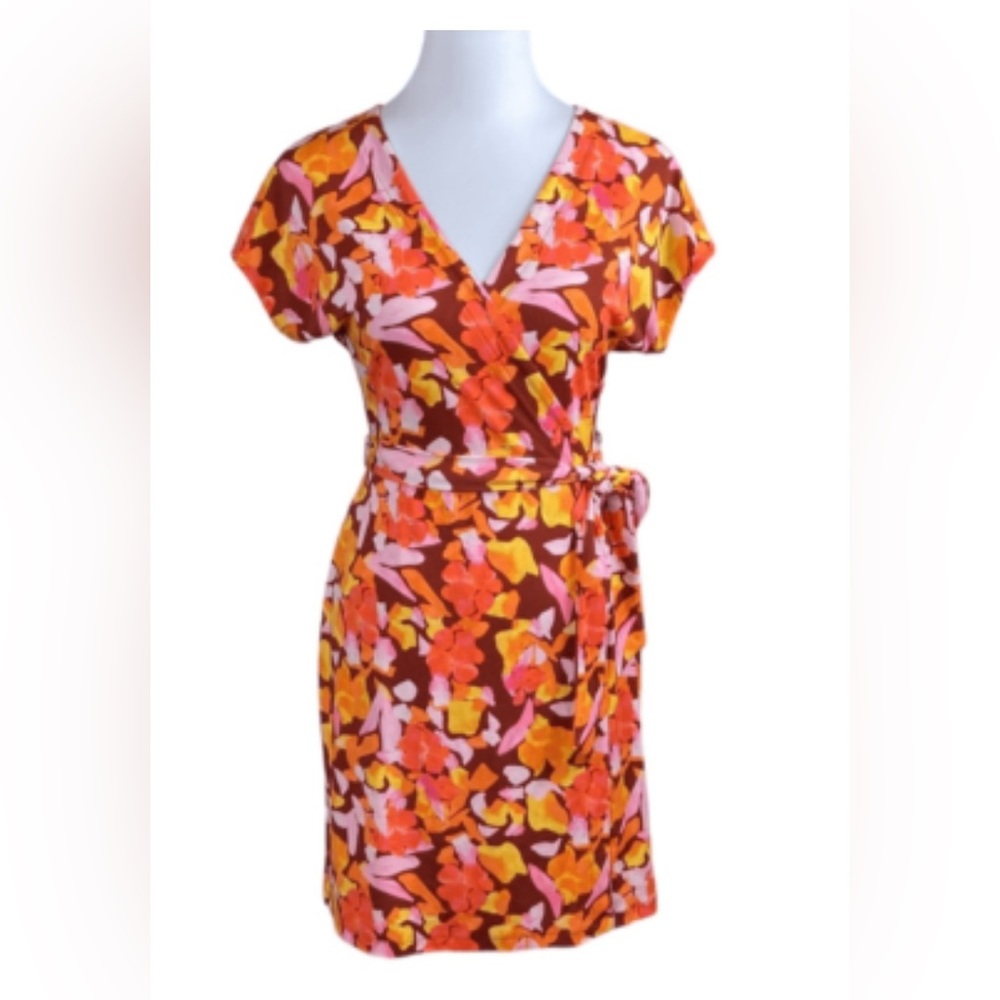 Nine West Orange Pink Midi Wrap Dress V-Neck Tie Front